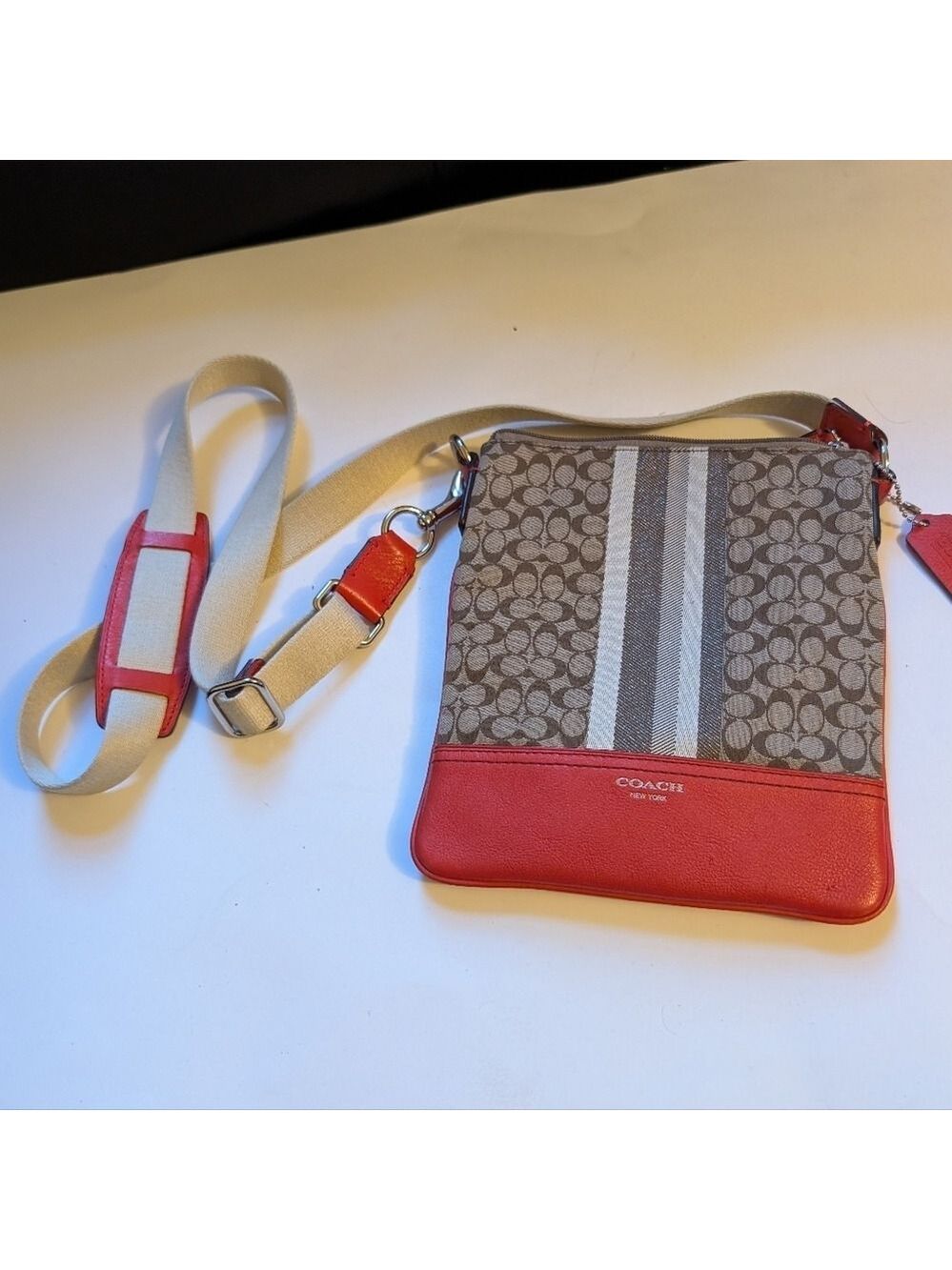 Coach Signature Stripe Swingpack Crossbody Bag In VGUC